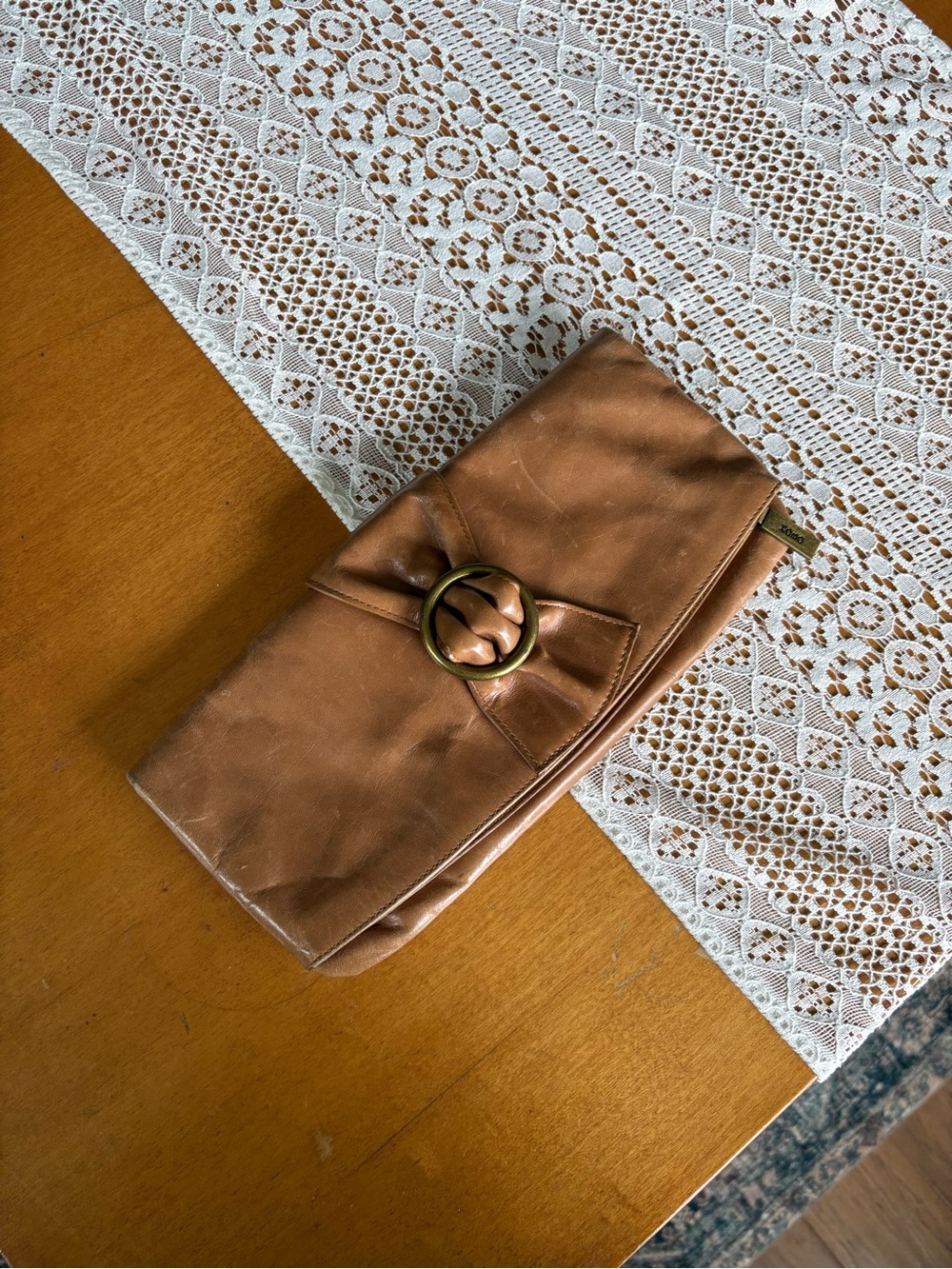 HOBO Cognac Leather Fold-Over Clutch with Gold Ring